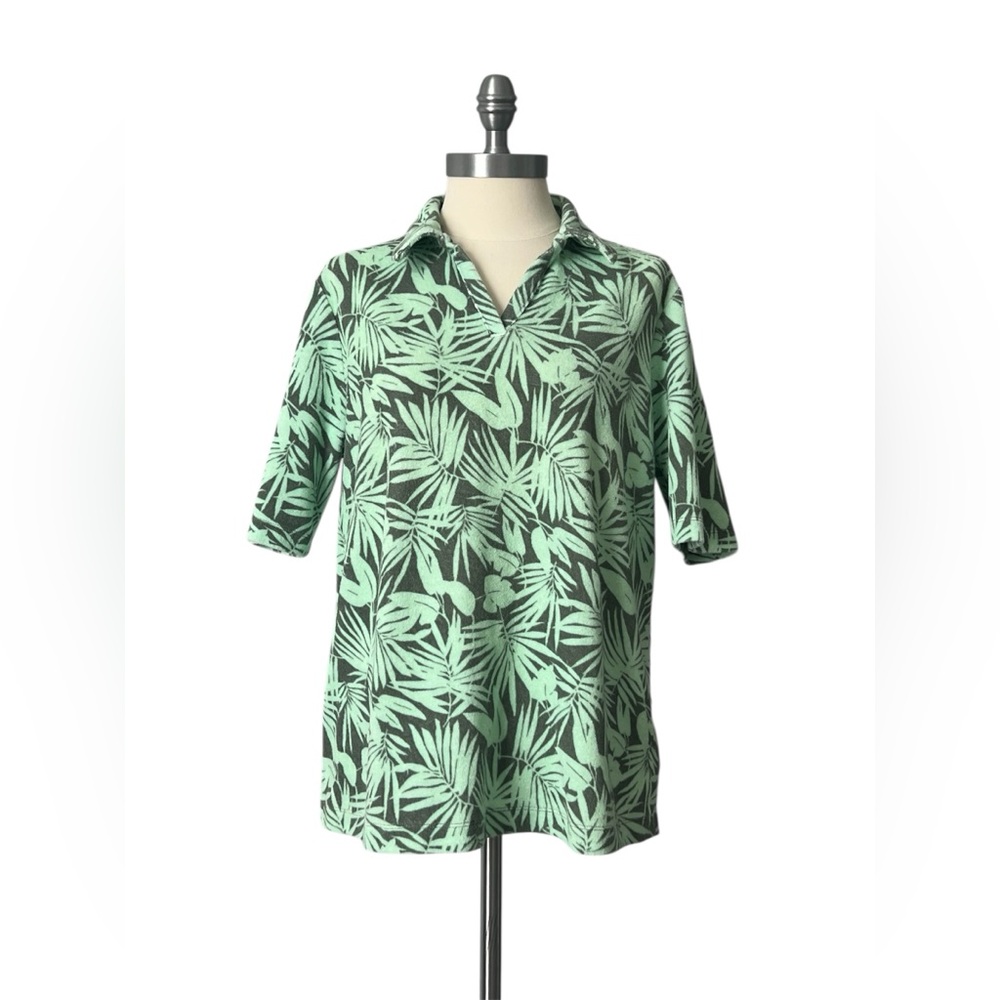 Lands' End Women’s Terry Cloth Polo Top Palm Print Olive Green Swim Cover-Up M